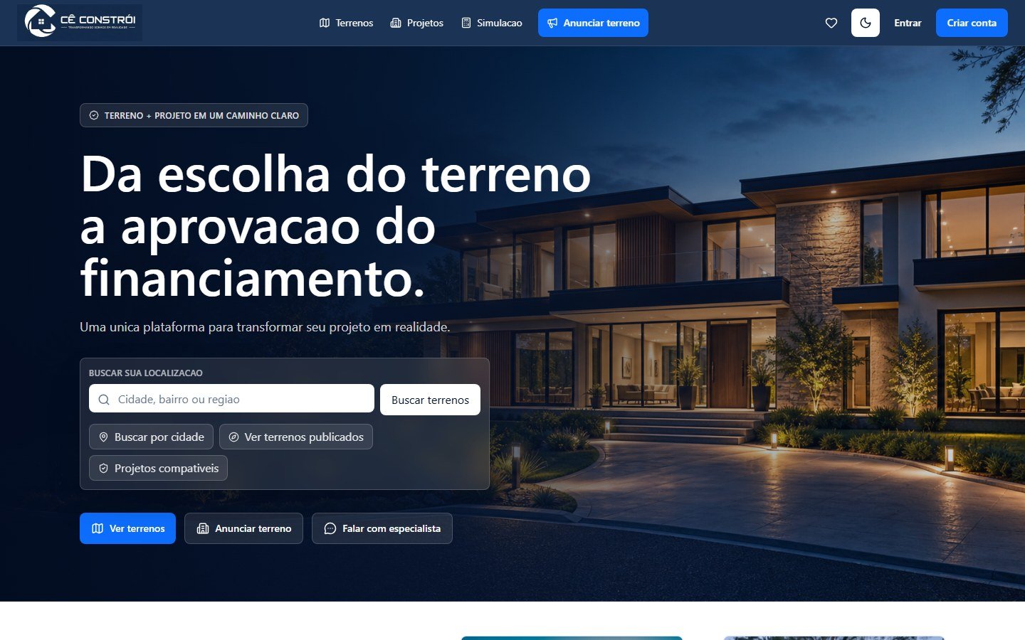Plataforma Cê Constrói conectando terrenos, projetos e simulações